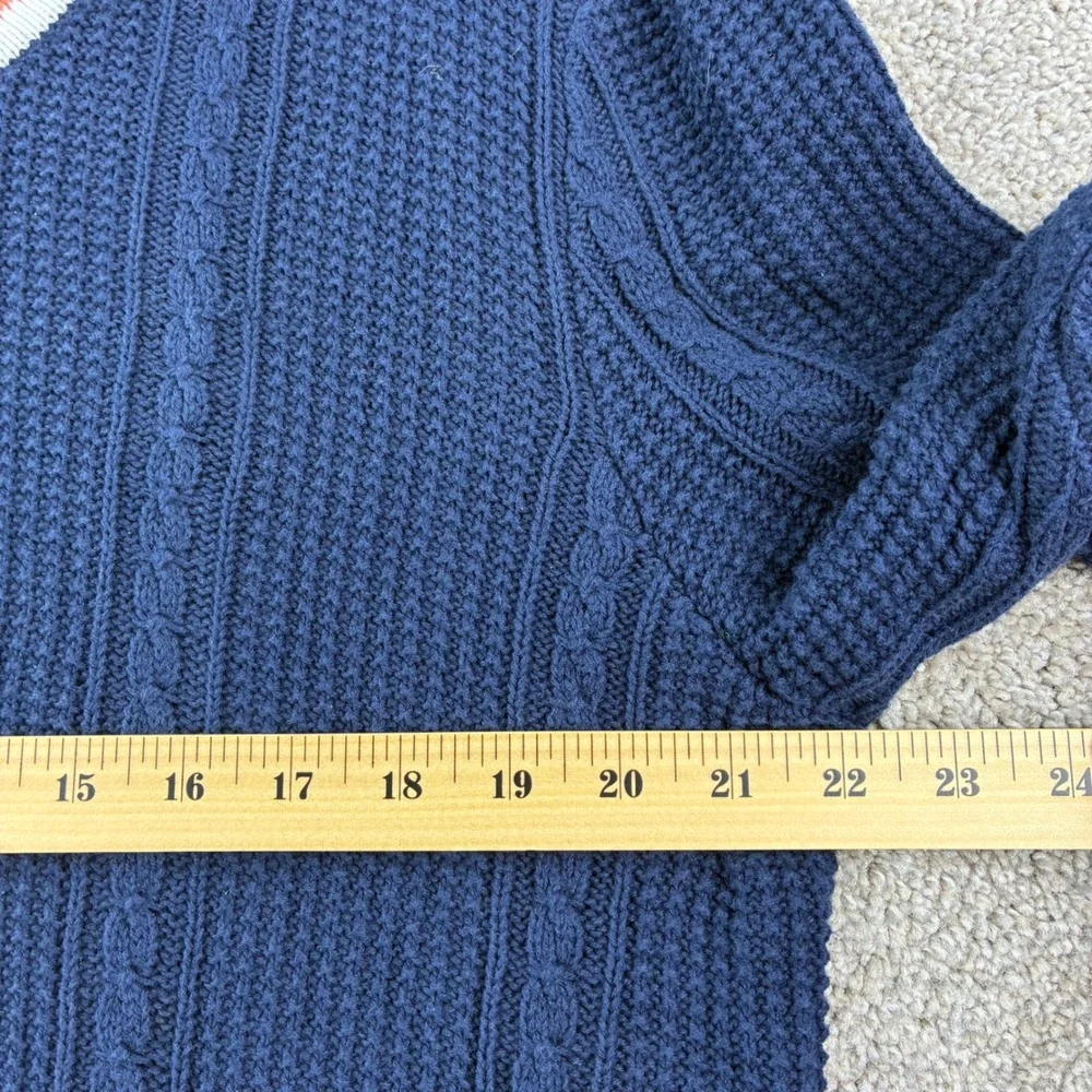 Club Room Mens L Cable Knit Cricket Sweater Navy V Neck Stripe Cotton Collegiate
